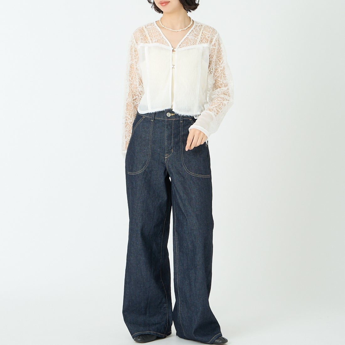 &g'aime [アンジェム] レースフリンジボレロ [293-68703] ﾎﾜｲﾄ &&モデル身長：162cm 着用サイズ：F&&