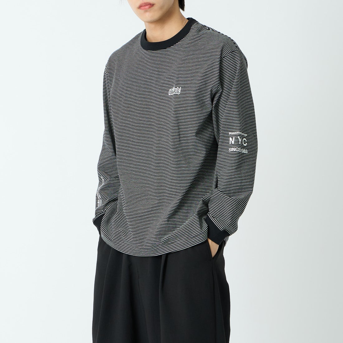 MANHATTAN PORTAGE [マンハッタンポーテージ] ロングスリーブTシャツ [26SS-MP-M650] BLK BORDER &&モデル身長：179cm 着用サイズ：L&&