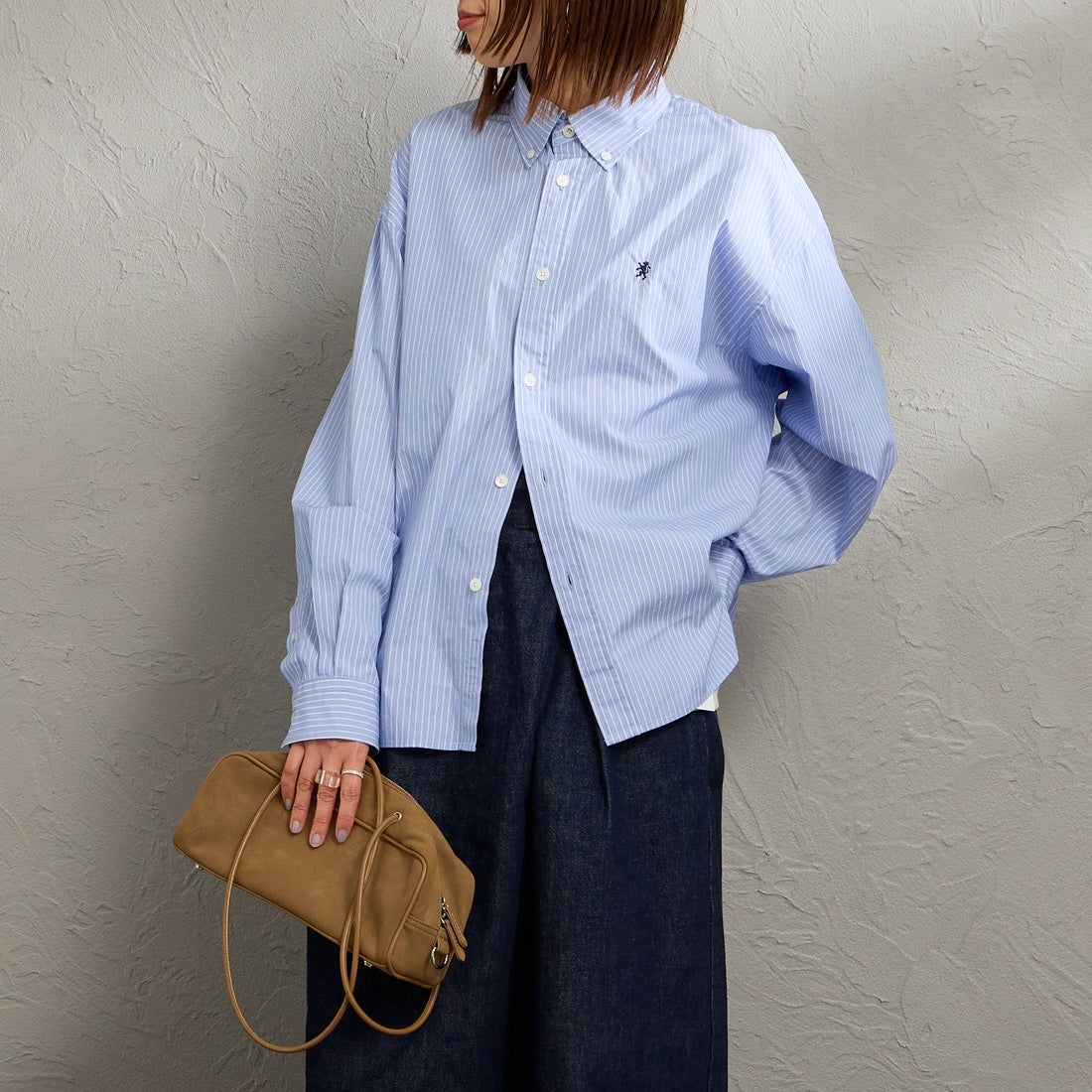 Gymphlex [ジムフレックス] ショートボタンダウンシャツ [GY-B0198CBK] BLU/WH ST &&モデル身長：159cm 着用サイズ：14&&