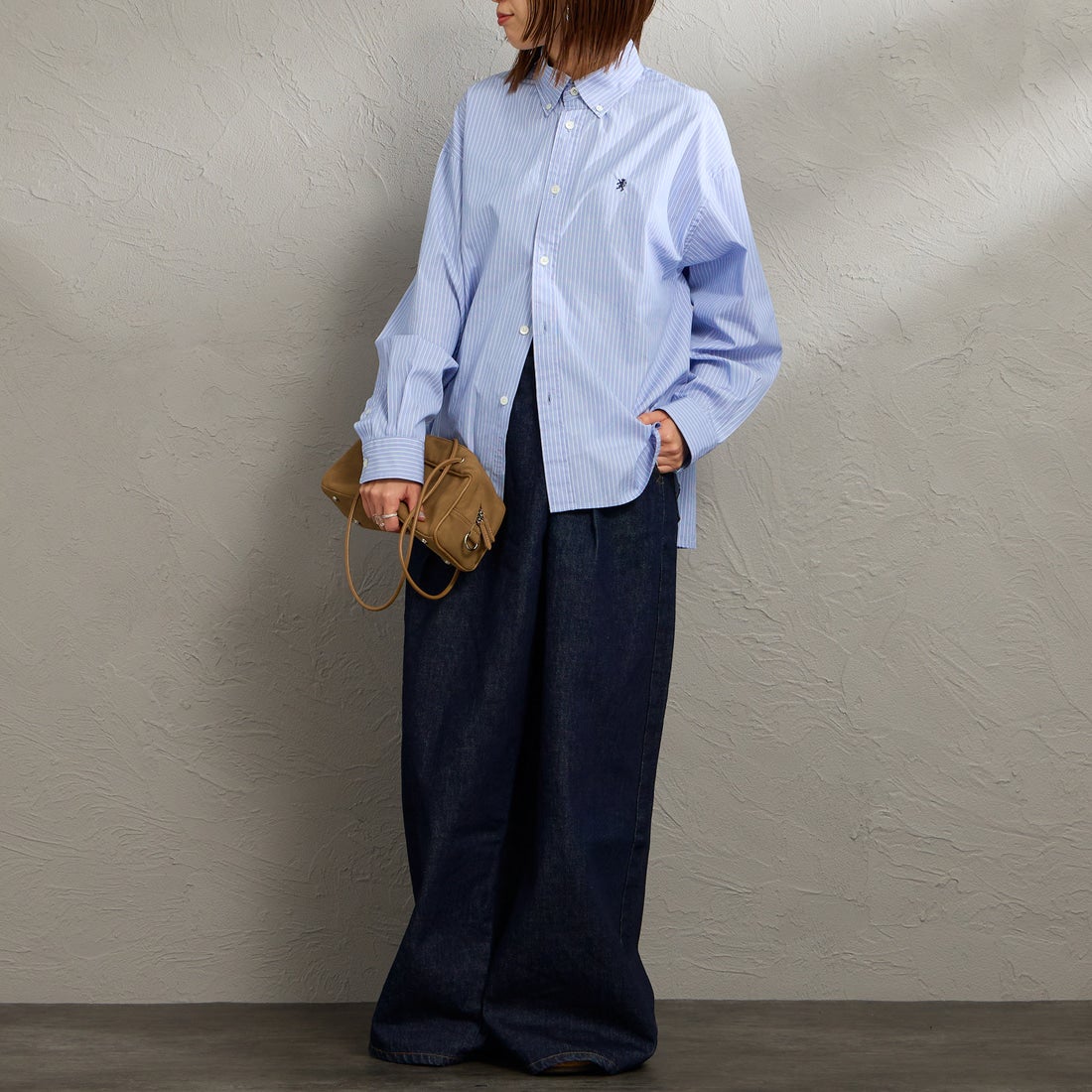 Gymphlex [ジムフレックス] ショートボタンダウンシャツ [GY-B0198CBK] BLU/WH ST &&モデル身長：159cm 着用サイズ：14&&