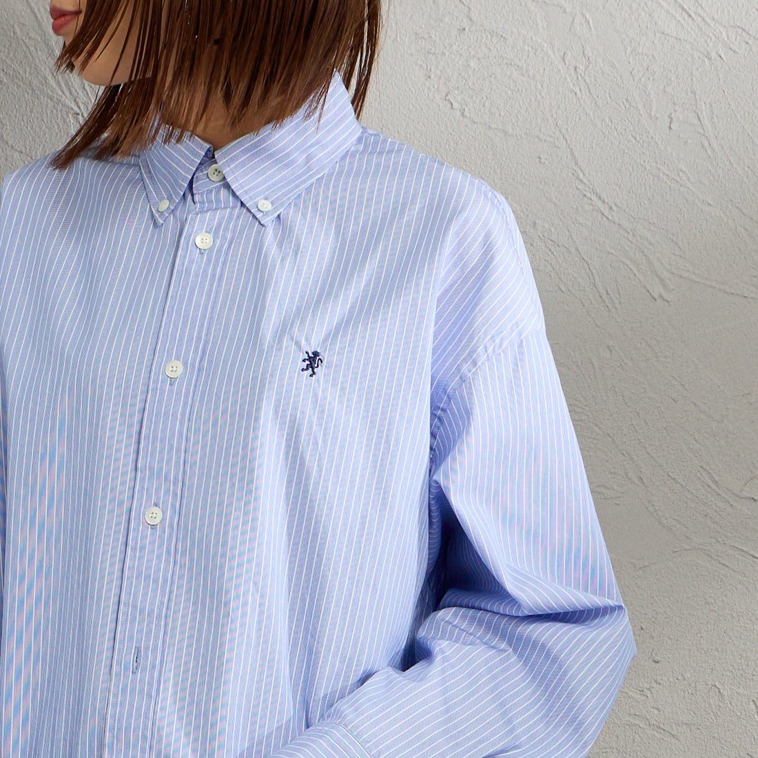 Gymphlex [ジムフレックス] ショートボタンダウンシャツ [GY-B0198CBK] BLU/WH ST &&モデル身長：159cm 着用サイズ：14&&