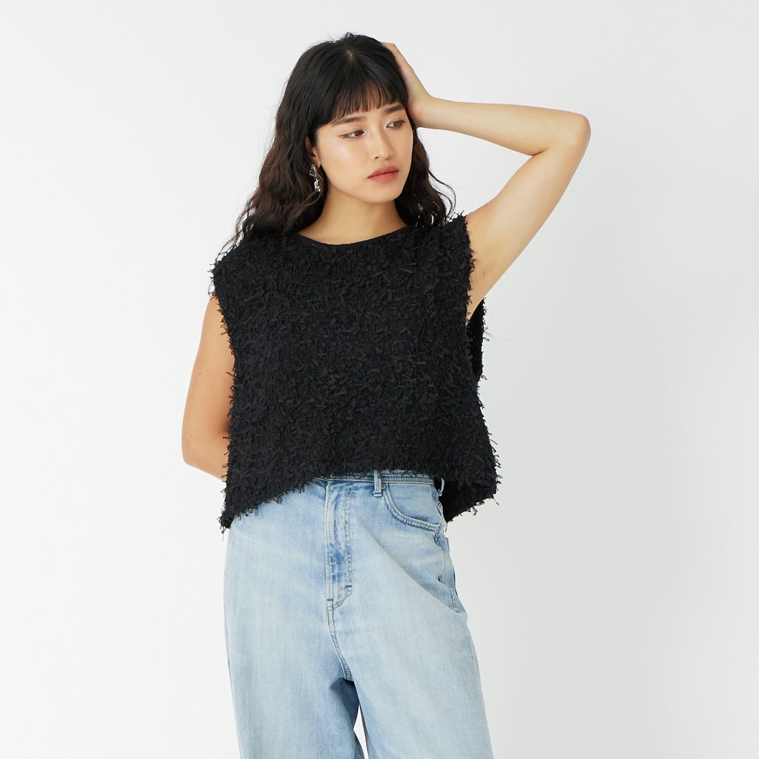 SUGAR ROSE [シュガーローズ] チュールヤーンニットベスト [255000] 12 BLACK &&モデル身長：162cm 着用サイズ：F&&