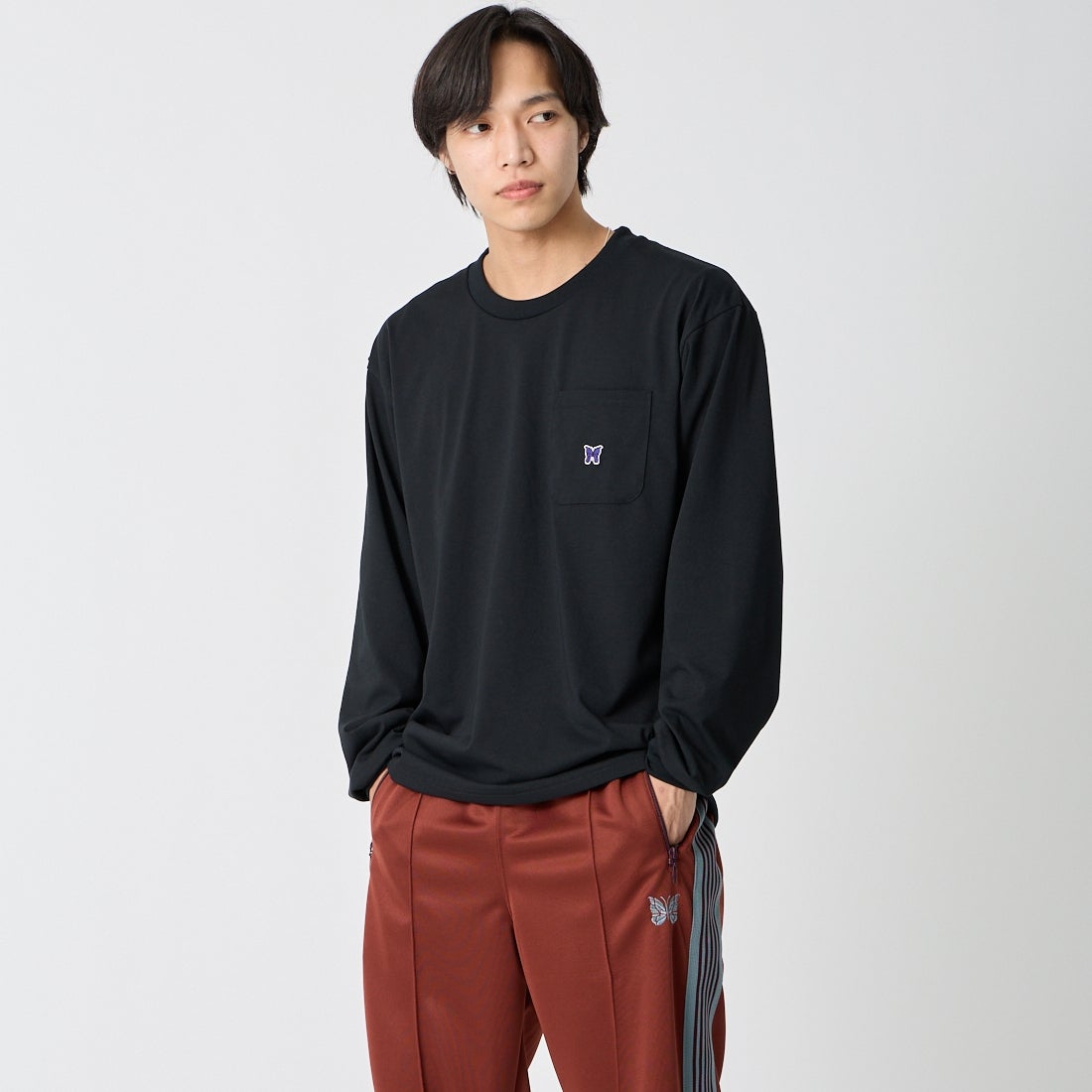 Needles [ニードルズ] ロングスリーブクルーネックTシャツ [SX449] C BLACK &&モデル身長：179cm 着用サイズ：M&&