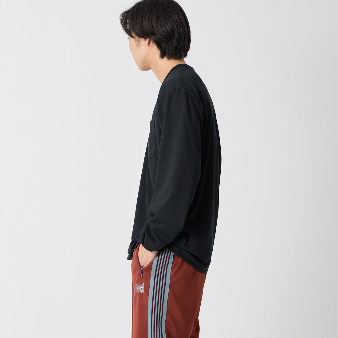 Needles [ニードルズ] ロングスリーブクルーネックTシャツ [SX449] C BLACK &&モデル身長：179cm 着用サイズ：M&&