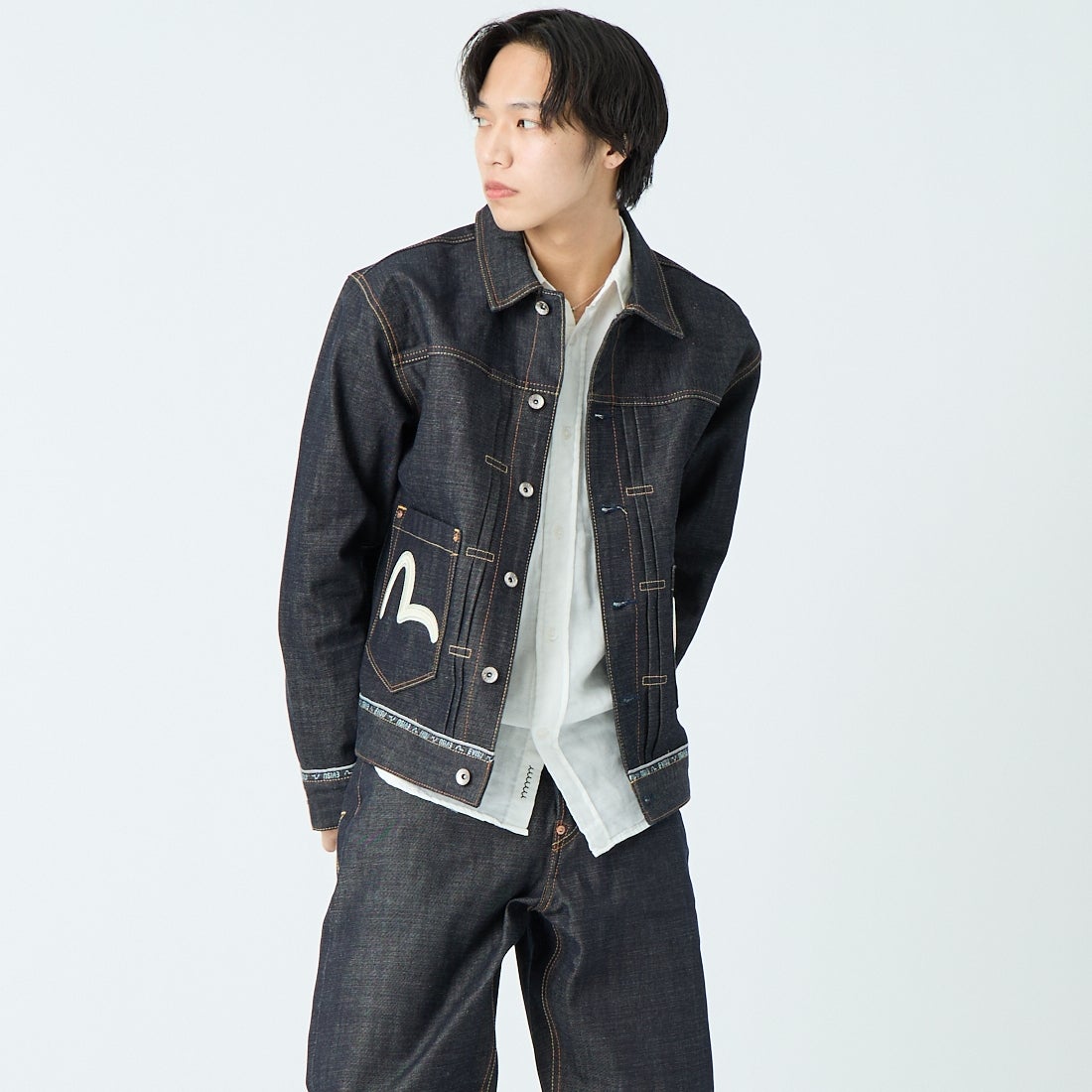 EVISU [エヴィス] ロゴカモメ刺繍 デニムジャケット [2ESHTM6DJ1001] INDIGO &&モデル身長：179cm 着用サイズ：M&&
