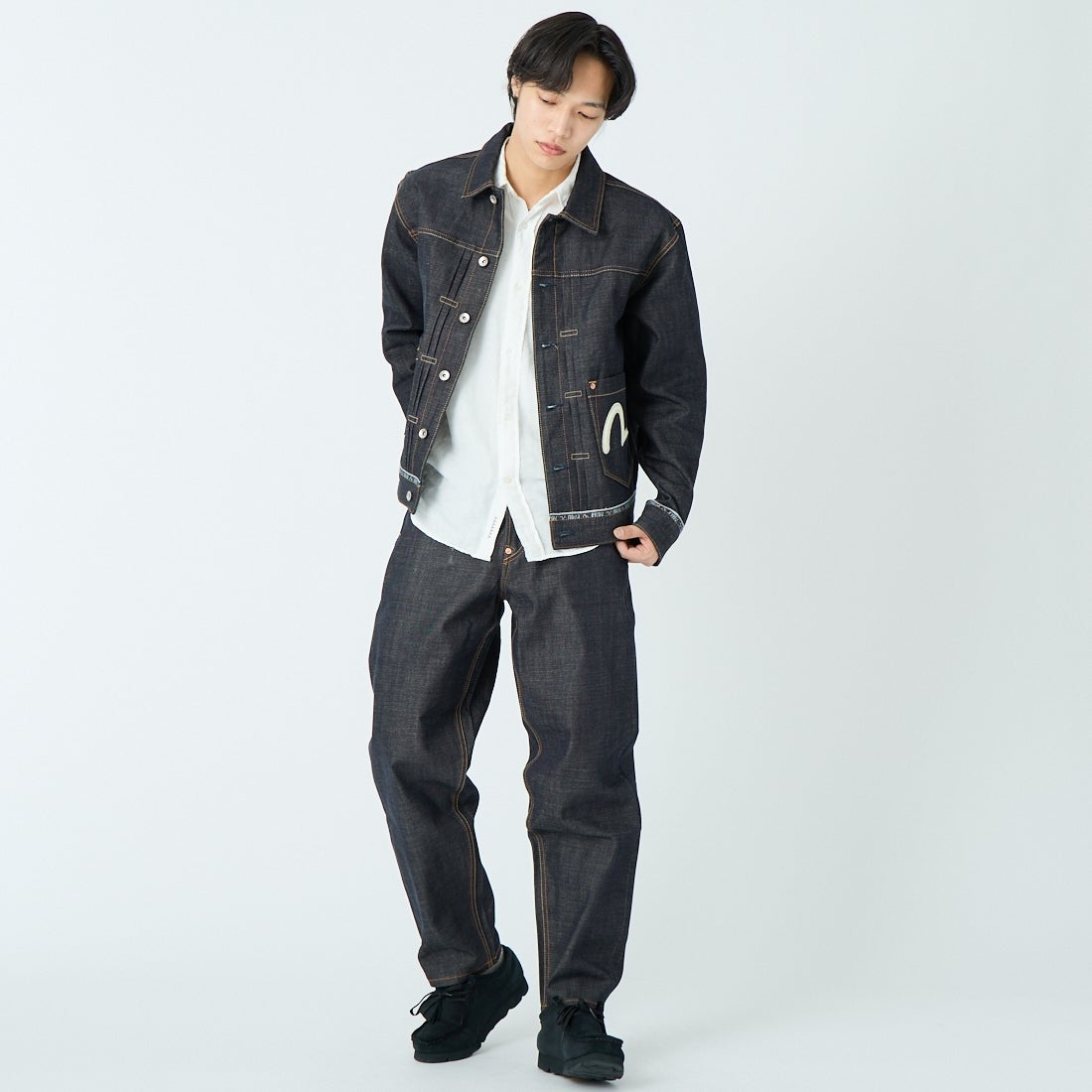 EVISU [エヴィス] ロゴカモメ刺繍 デニムジャケット [2ESHTM6DJ1001] INDIGO &&モデル身長：179cm 着用サイズ：M&&