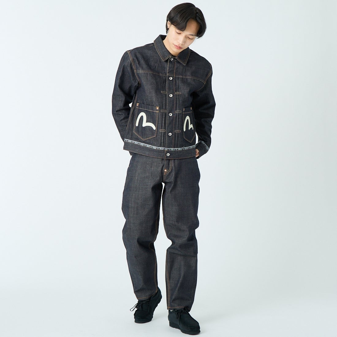 EVISU [エヴィス] ロゴカモメ刺繍 デニムジャケット [2ESHTM6DJ1001] INDIGO &&モデル身長：179cm 着用サイズ：M&&