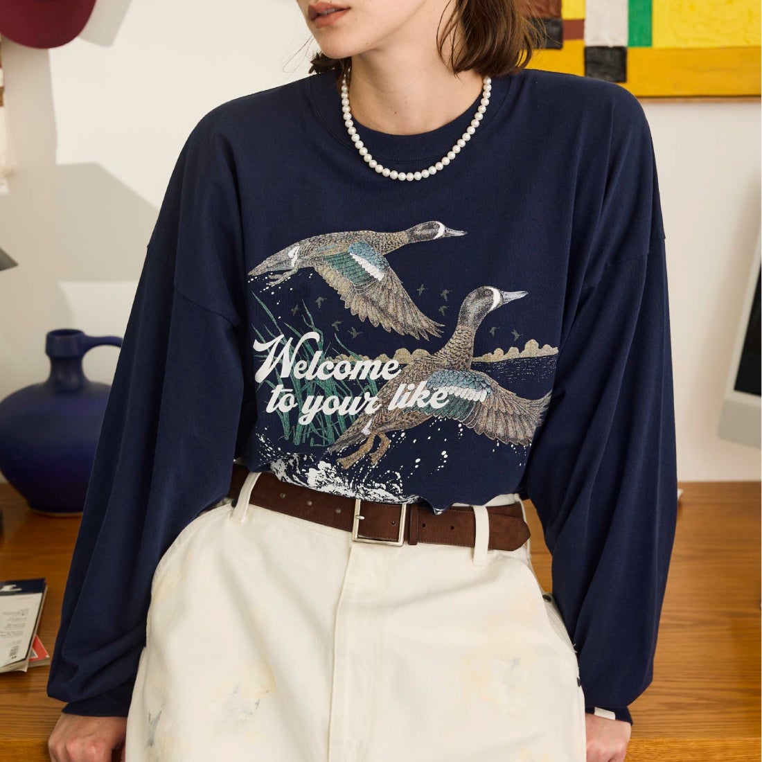 Oblada [オブラダ] バード柄ロングスリーブTシャツ [S2610CU13] NAVY