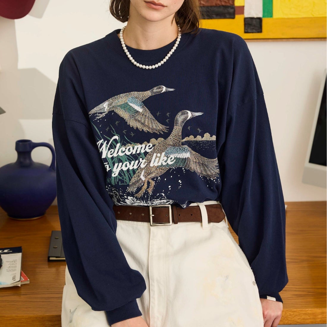 Oblada [オブラダ] バード柄ロングスリーブTシャツ [S2610CU13] NAVY