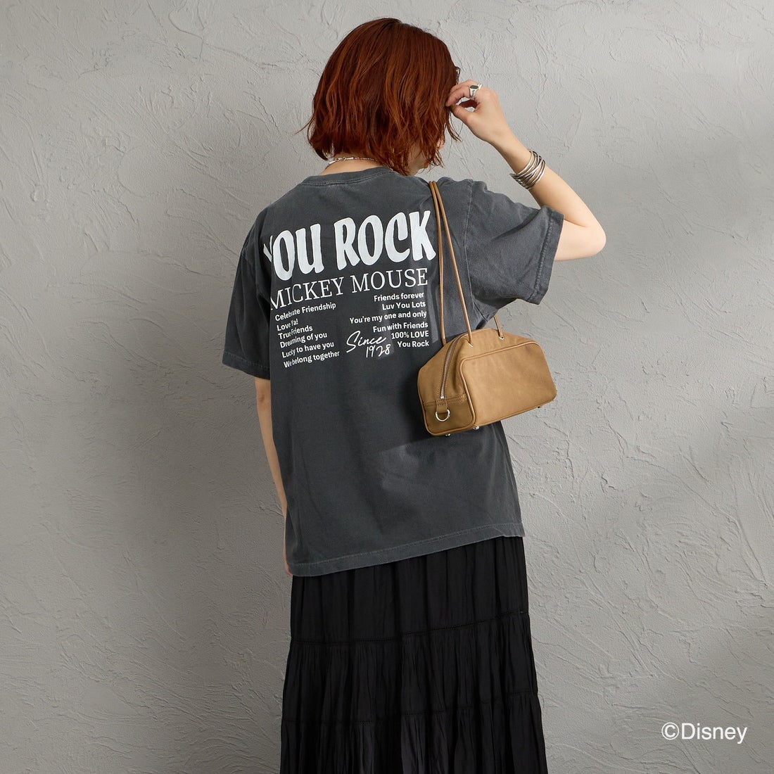 GOOD ROCK SPEED [グッドロックスピード] 別注 MICKEY MOUSE / クラックプリントTシャツ [INTN-071-JF] CHARCOAL &&モデル身長：158cm 着用サイズ：M&&