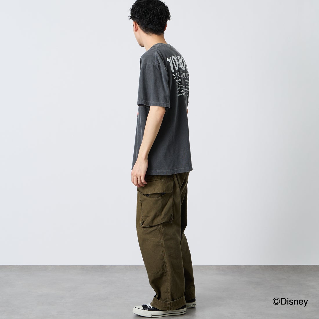 GOOD ROCK SPEED [グッドロックスピード] 別注 MICKEY MOUSE / クラックプリントTシャツ [INTN-071-JF] CHARCOAL &&モデル身長：168cm 着用サイズ：L&&