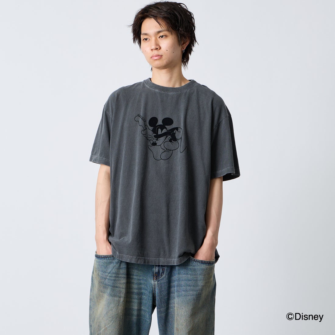 GOOD ROCK SPEED [グッドロックスピード] 別注 MICKEY MOUSE / フロッキープリントTシャツ [INTN-070-JF] CHARCOAL &&モデル身長：177cm 着用サイズ：XL&&