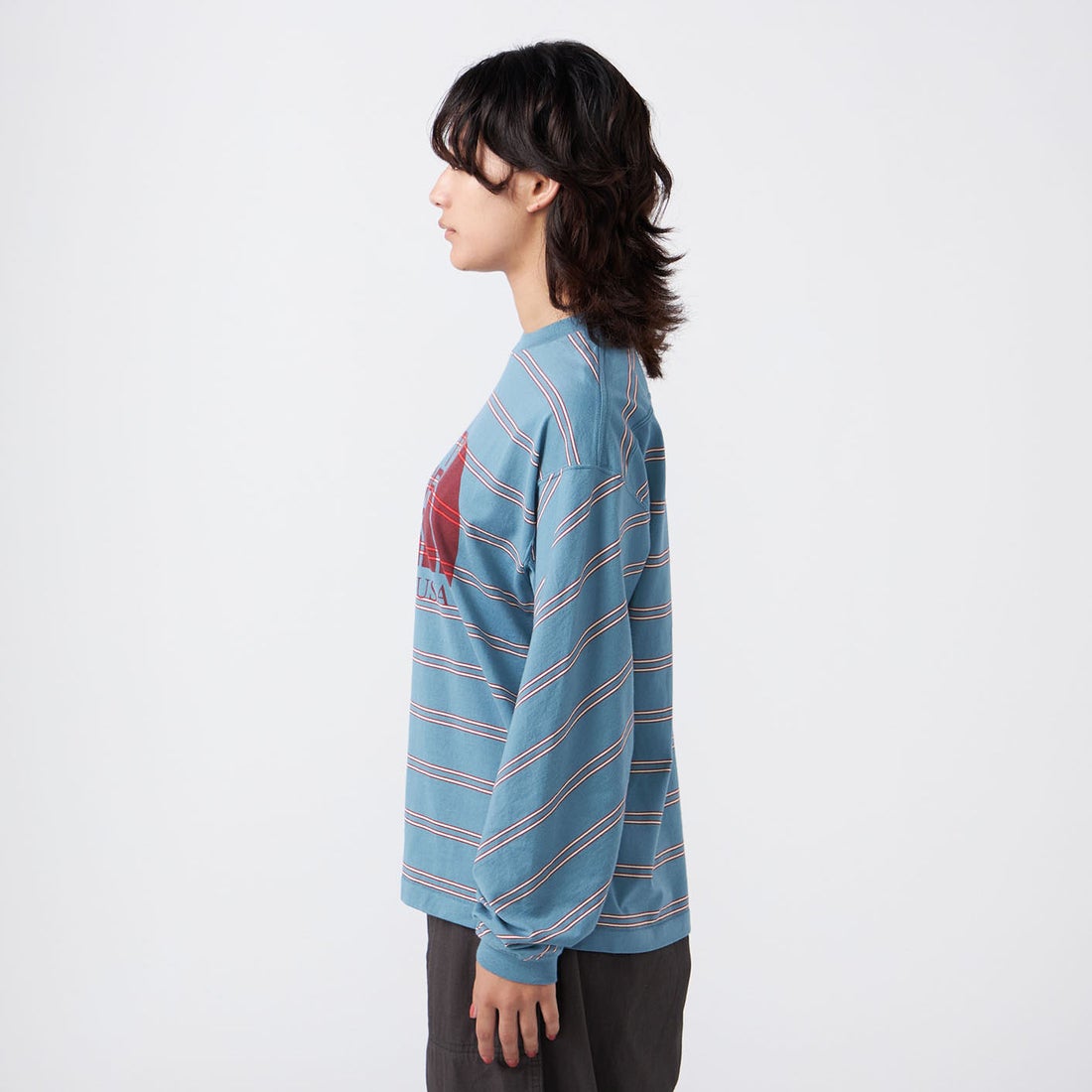 THE NORTH FACE PURPLE LABEL [ザ ノースフェイス パープルレーベル] フィールドロングスリーブストライプTシャツ [N26ST027] BL BLUE &&モデル身長：162cm 着用サイズ：WS&&