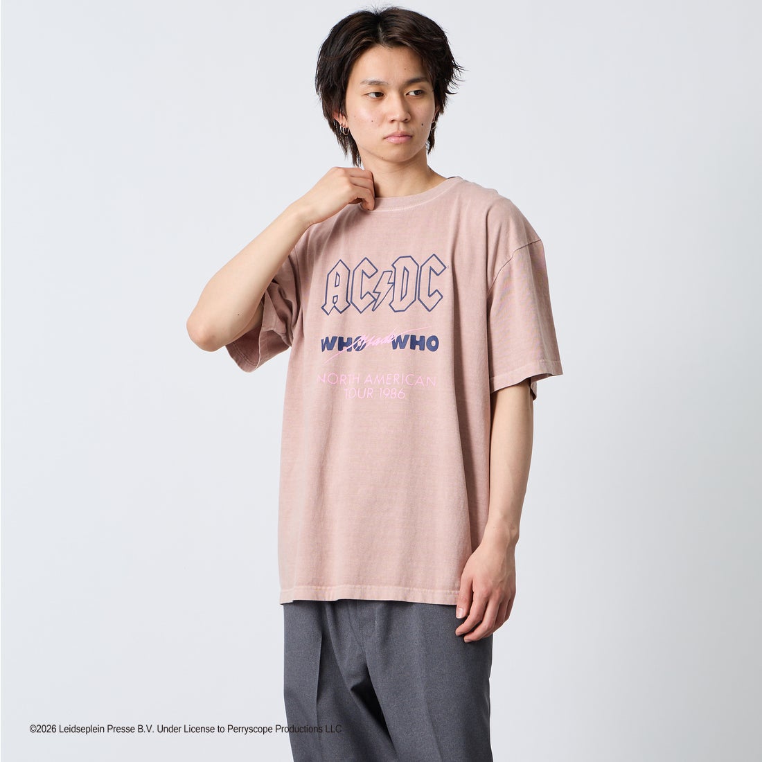 GOOD ROCK SPEED [グッドロックスピード] 別注 AC/DC ロックプリントTシャツ [INTN-023-JF] PINK &&モデル身長：177cm 着用サイズ：XL&&