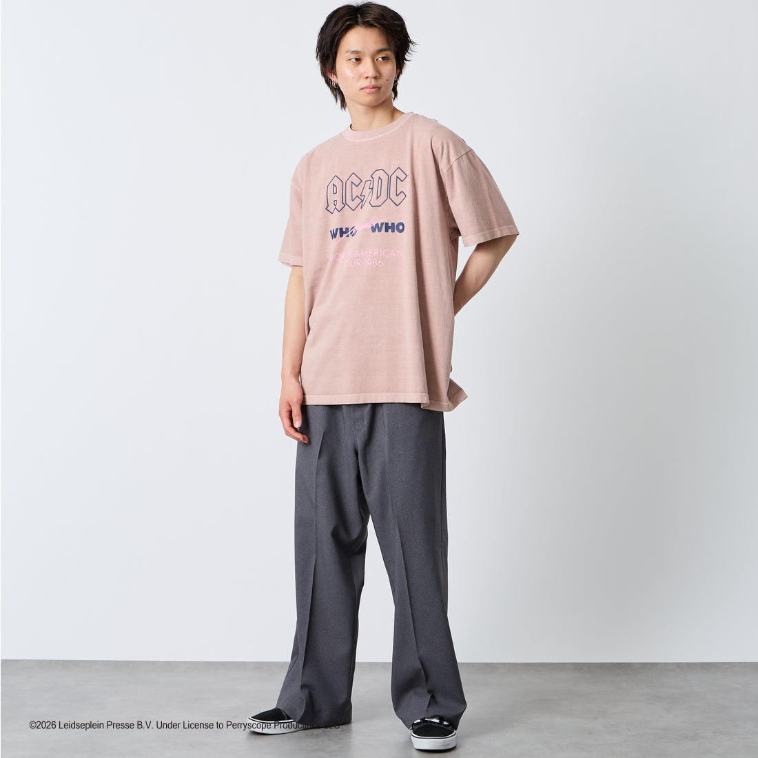 GOOD ROCK SPEED [グッドロックスピード] 別注 AC/DC ロックプリントTシャツ [INTN-023-JF] PINK &&モデル身長：177cm 着用サイズ：XL&&