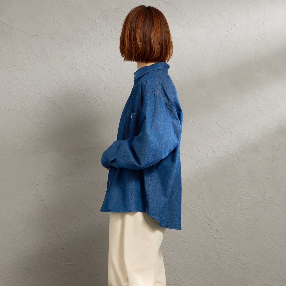 DANTON [ダントン] デニムダンガリー レギュラーカラーシャツ [DT-B0442DUG] LT.INDIGO &&モデル身長：158cm 着用サイズ：38&&