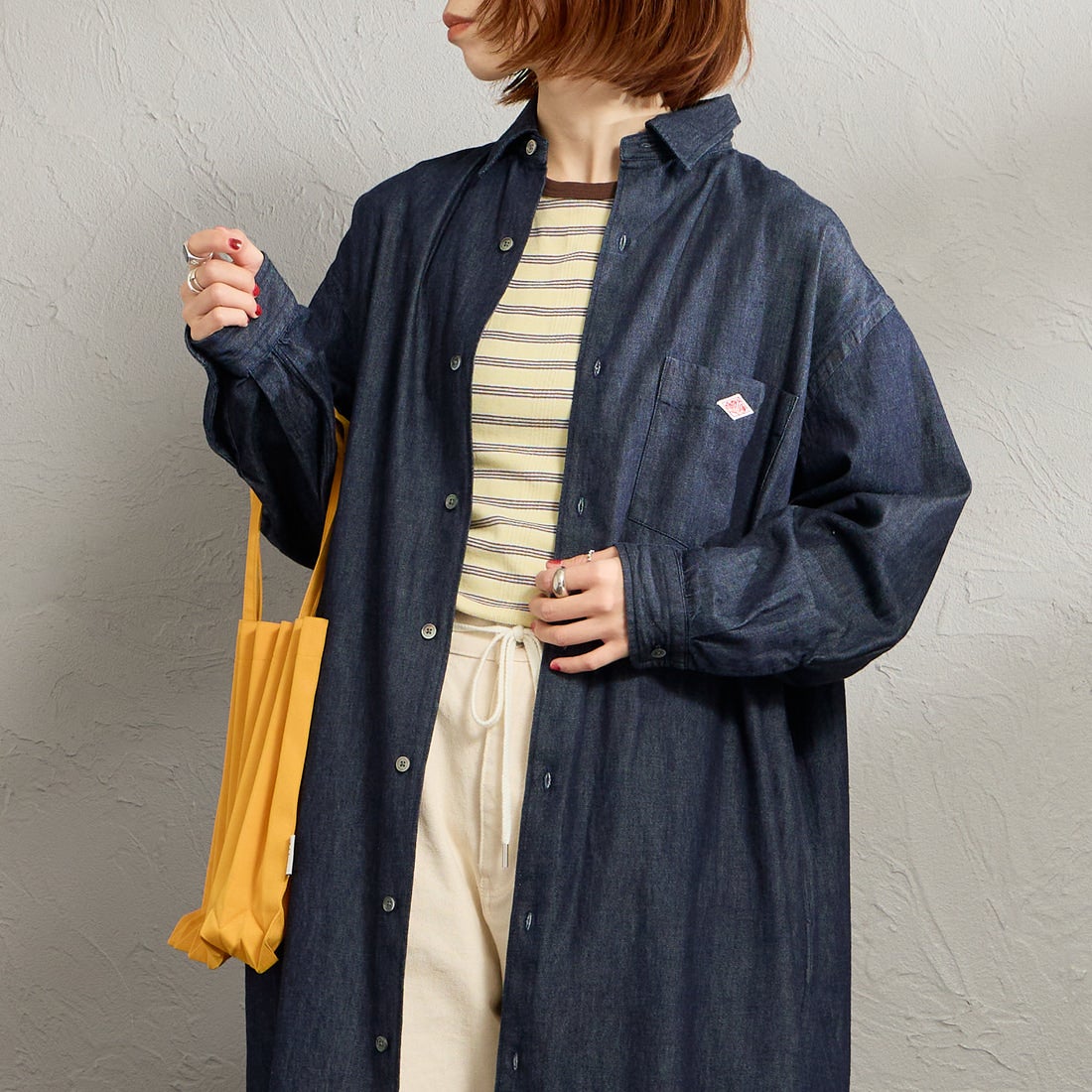 DANTON [ダントン] デニムダンガリー レギュラーカラーシャツワンピース [DT-G0115DUG] INDIGO &&モデル身長：158cm 着用サイズ：36&&