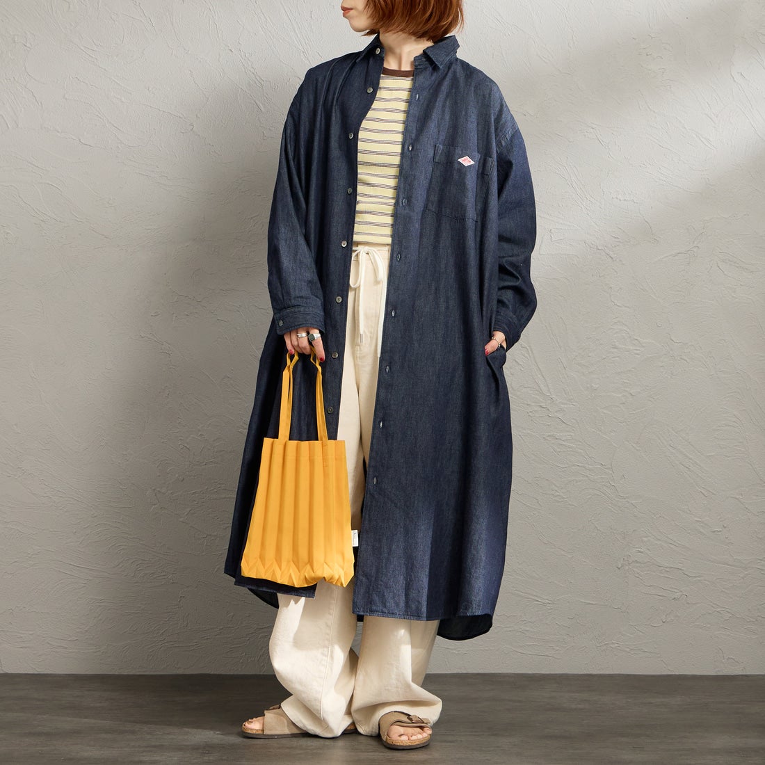 DANTON [ダントン] デニムダンガリー レギュラーカラーシャツワンピース [DT-G0115DUG] INDIGO &&モデル身長：158cm 着用サイズ：36&&