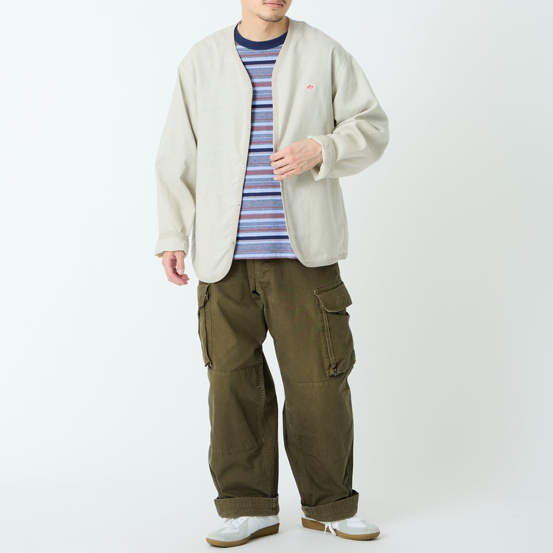 DANTON [ダントン] Vネック リネンシャツカーディガン [DT-B0350LIP] GREIGE &&モデル身長：168cm 着用サイズ：42&&