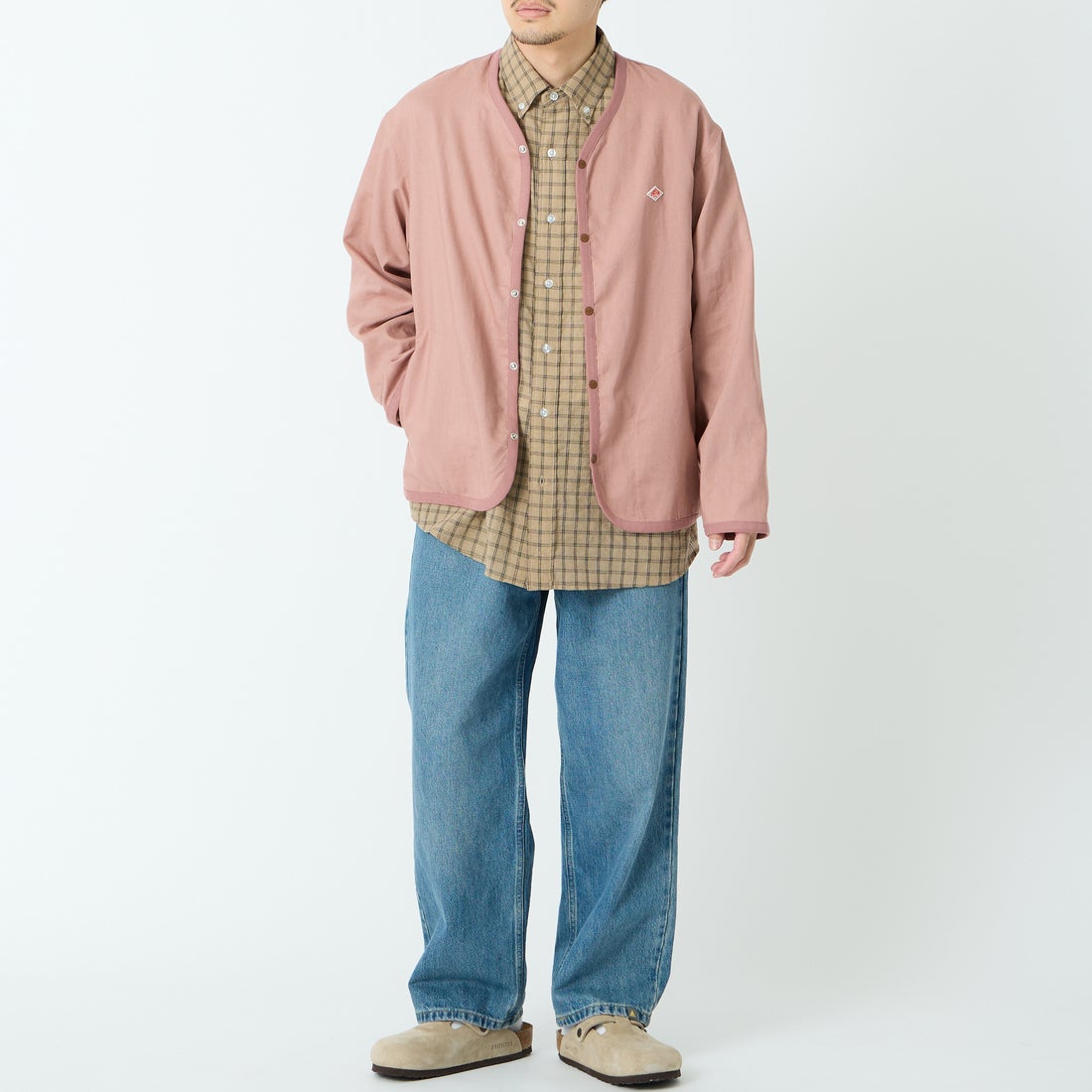 DANTON [ダントン] Vネック リネンシャツカーディガン [DT-B0350LIP] PINK &&モデル身長：168cm 着用サイズ：40&&