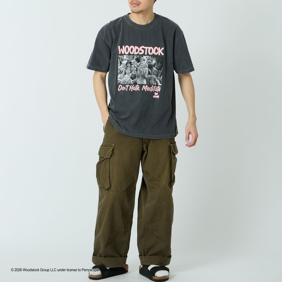GOOD ROCK SPEED [グッドロックスピード] 別注 WOODSTOCK ロックプリントTシャツ [INTN-069-JF] CHARCOAL &&モデル身長：168cm 着用サイズ：L&&