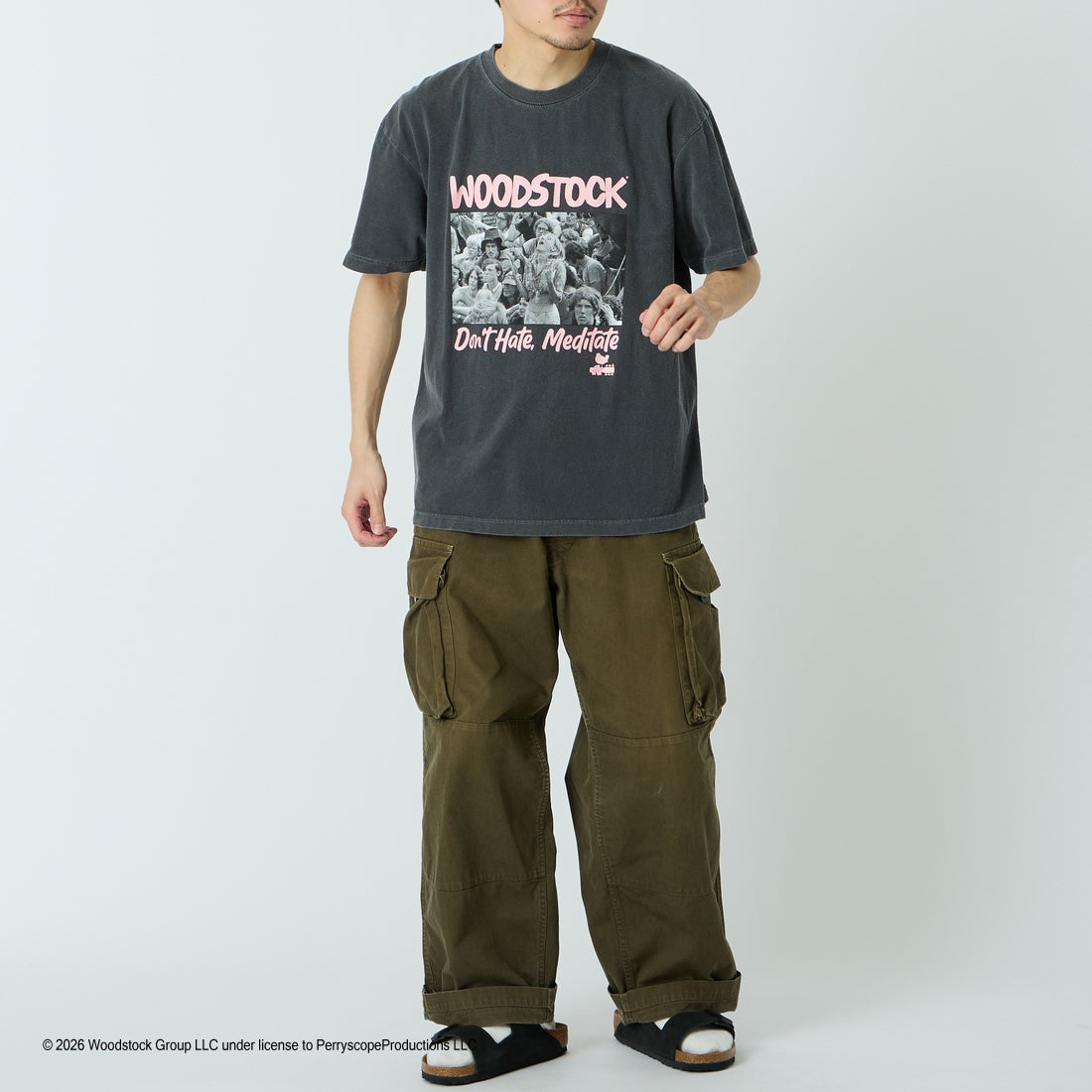 GOOD ROCK SPEED [グッドロックスピード] 別注 WOODSTOCK ロックプリントTシャツ [INTN-069-JF] CHARCOAL &&モデル身長：168cm 着用サイズ：L&&