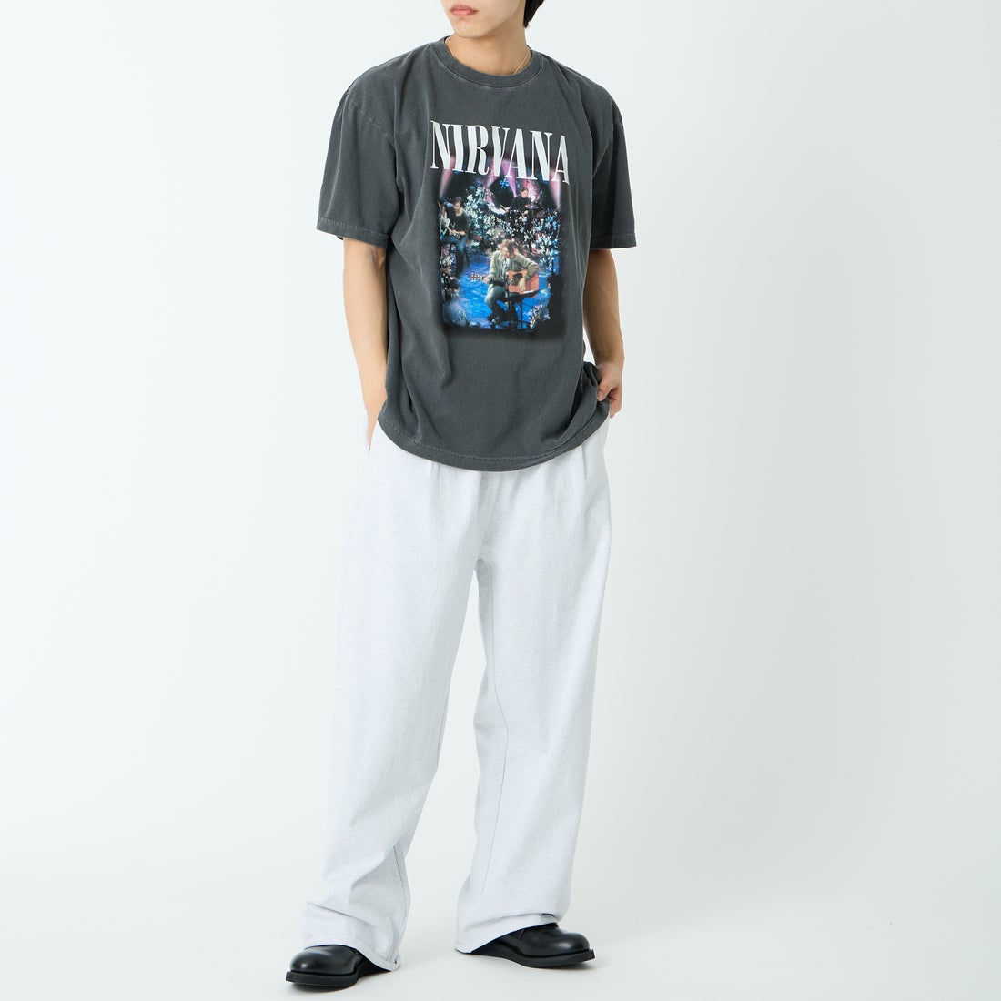 GOOD ROCK SPEED [グッドロックスピード] 別注 NIRVANA プリントロックTシャツ [INTN-067-JF] CHARCOAL &&モデル身長：179cm 着用サイズ：XL&&