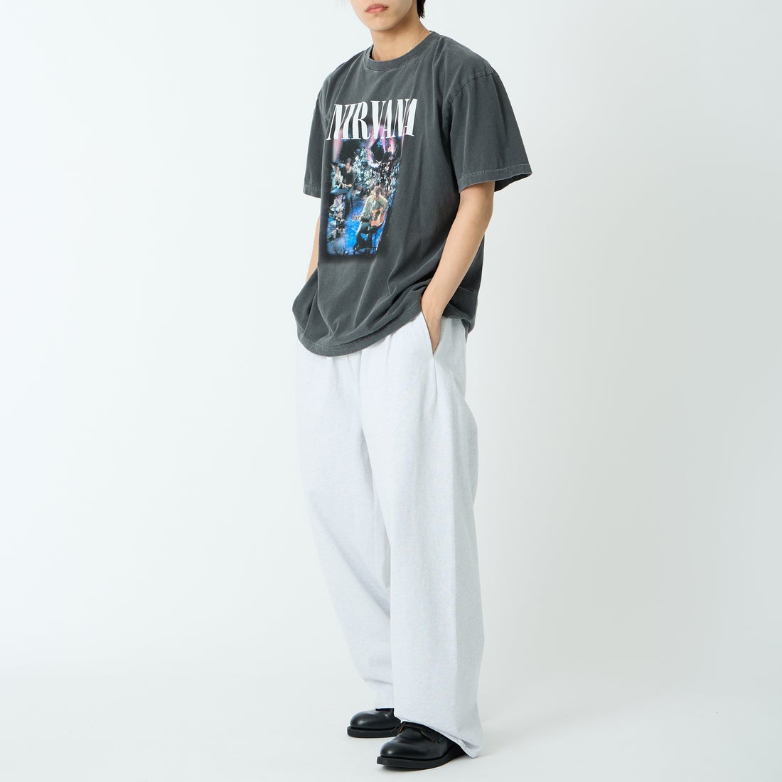 GOOD ROCK SPEED [グッドロックスピード] 別注 NIRVANA プリントロックTシャツ [INTN-067-JF] CHARCOAL &&モデル身長：179cm 着用サイズ：XL&&