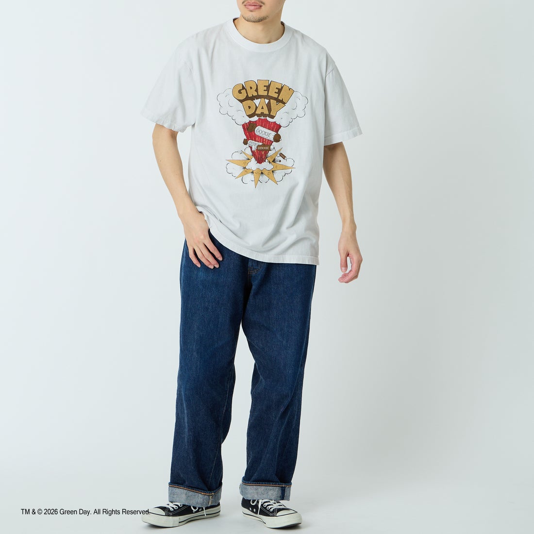 GOOD ROCK SPEED [グッドロックスピード] 別注 GREEN DAY ロックプリントTシャツ [INTN-065-JF] LT.GRAY &&モデル身長：168cm 着用サイズ：L&&