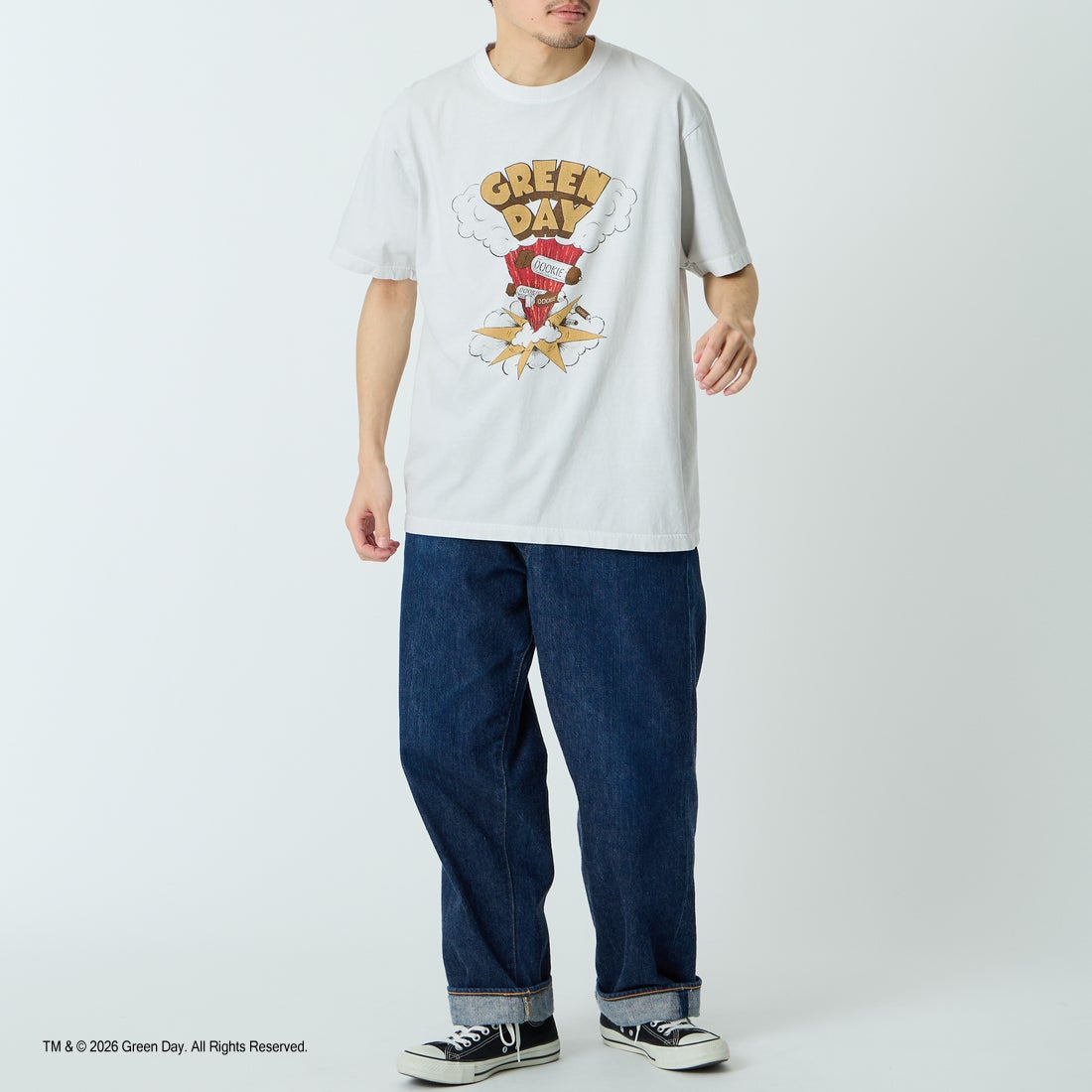 GOOD ROCK SPEED [グッドロックスピード] 別注 GREEN DAY ロックプリントTシャツ [INTN-065-JF] LT.GRAY &&モデル身長：168cm 着用サイズ：L&&