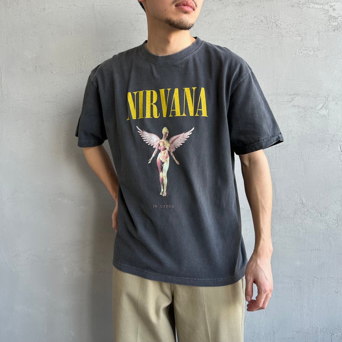GOOD ROCK SPEED [グッドロックスピード] 別注 NIRVANA ロックプリントTシャツ [INTN-030-JF] CHARCOAL &&モデル身長：168cm 着用サイズ：L&&