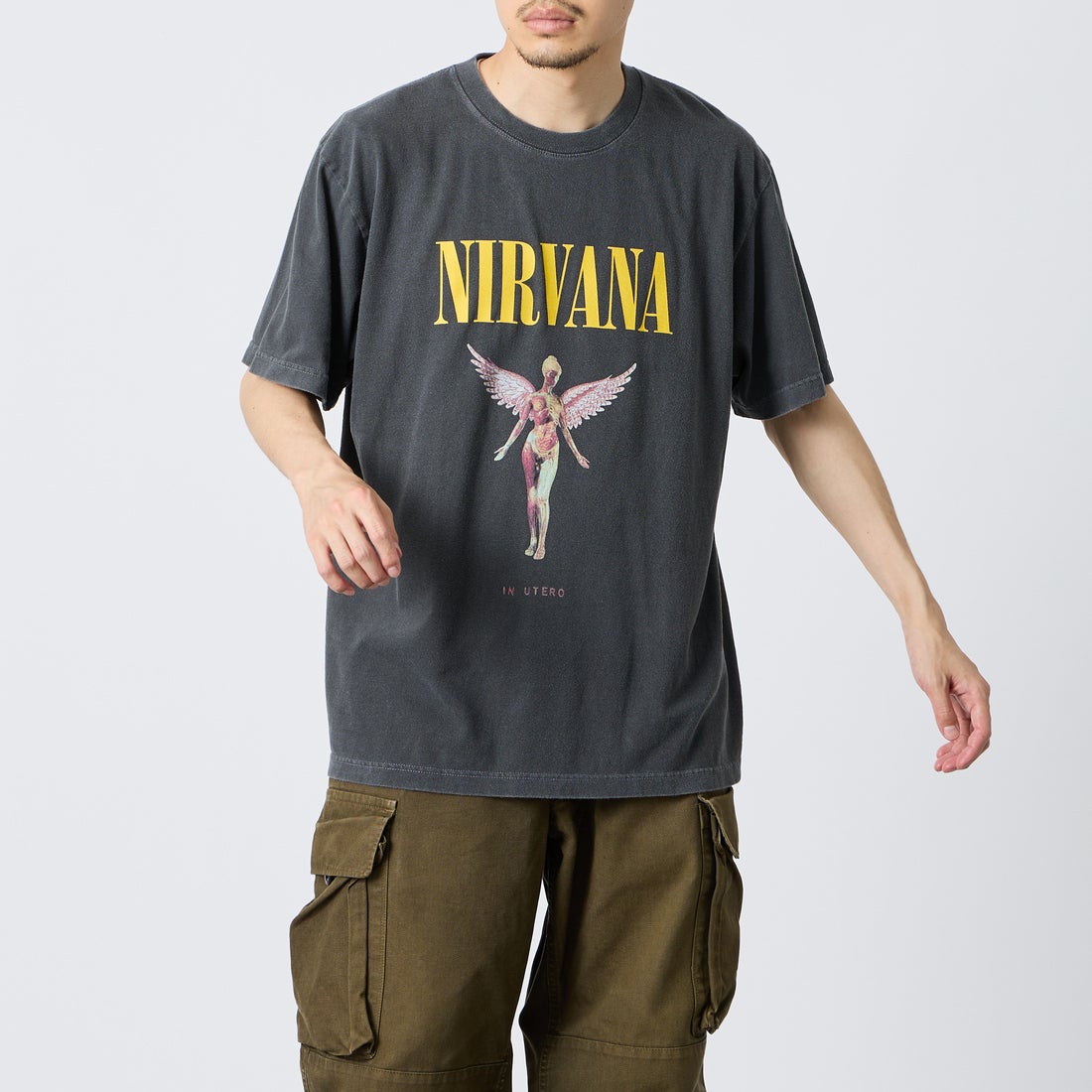 GOOD ROCK SPEED [グッドロックスピード] 別注 NIRVANA ロックプリントTシャツ [INTN-030-JF] CHARCOAL &&モデル身長：168cm 着用サイズ：L&&