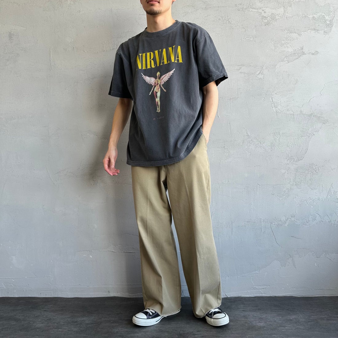 GOOD ROCK SPEED [グッドロックスピード] 別注 NIRVANA ロックプリントTシャツ [INTN-030-JF] CHARCOAL &&モデル身長：168cm 着用サイズ：L&&