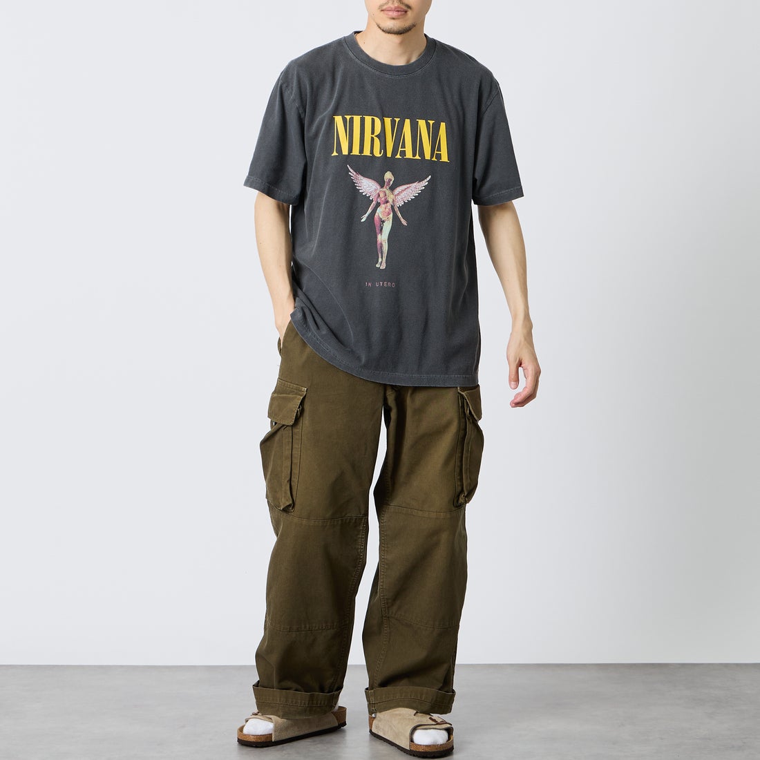 GOOD ROCK SPEED [グッドロックスピード] 別注 NIRVANA ロックプリントTシャツ [INTN-030-JF] CHARCOAL &&モデル身長：168cm 着用サイズ：L&&
