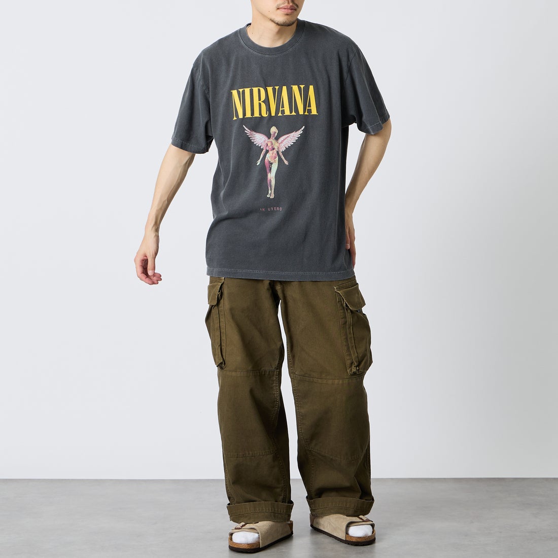 GOOD ROCK SPEED [グッドロックスピード] 別注 NIRVANA ロックプリントTシャツ [INTN-030-JF] CHARCOAL &&モデル身長：168cm 着用サイズ：L&&