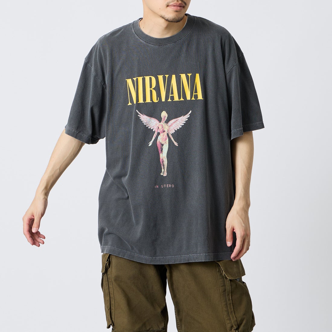 GOOD ROCK SPEED [グッドロックスピード] 別注 NIRVANA ロックプリントTシャツ [INTN-030-JF] CHARCOAL &&モデル身長：168cm 着用サイズ：XL&&