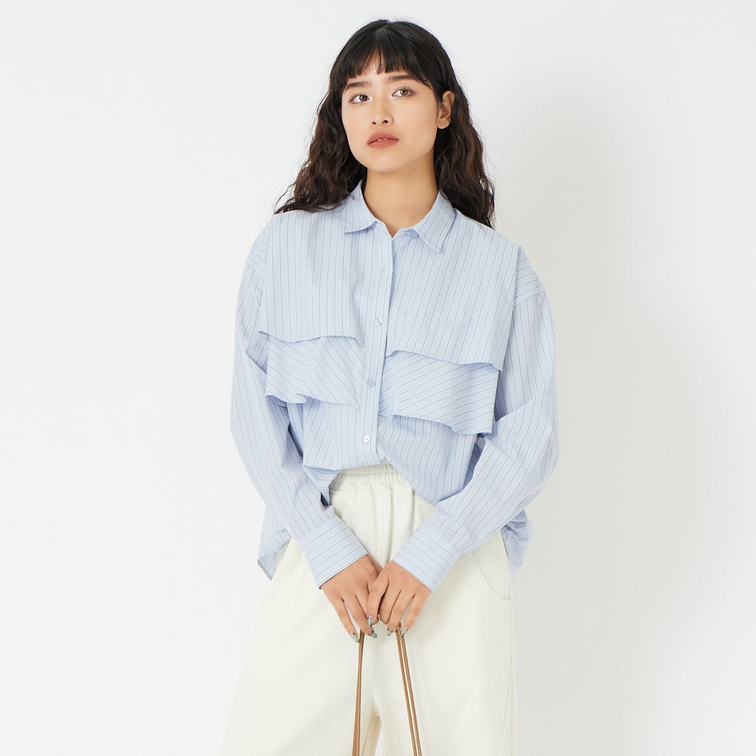 Jf Ready Made [ジェイエフレディメイド] TCブロードストライプシャツ [8560344-01] 87 ｹﾐｶﾙｳｫｯ &&モデル身長：162cm 着用サイズ：F&&