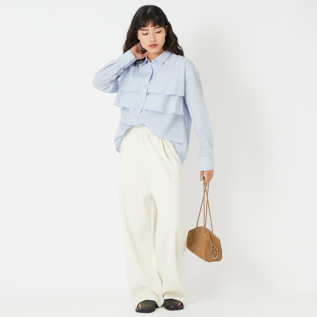 Jf Ready Made [ジェイエフレディメイド] TCブロードストライプシャツ [8560344-01] 87 ｹﾐｶﾙｳｫｯ &&モデル身長：162cm 着用サイズ：F&&