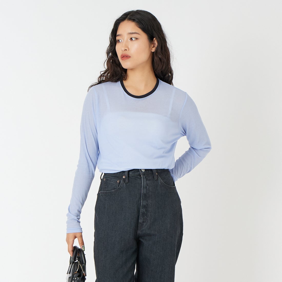 USINE [ユジーヌ] コットンシアーロングスリーブTシャツ [21267069] 073 ｻｯｸｽ/ﾈ &&モデル身長：162cm 着用サイズ：F&&