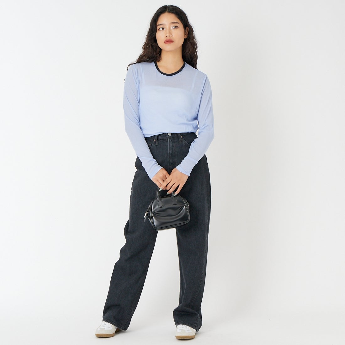 USINE [ユジーヌ] コットンシアーロングスリーブTシャツ [21267069] 073 ｻｯｸｽ/ﾈ &&モデル身長：162cm 着用サイズ：F&&