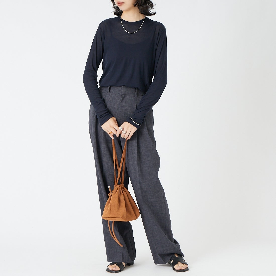 USINE [ユジーヌ] コットンシアーロングスリーブTシャツ [21267069]  076 ﾈｲﾋﾞｰ &&モデル身長：162cm 着用サイズ：F&&
