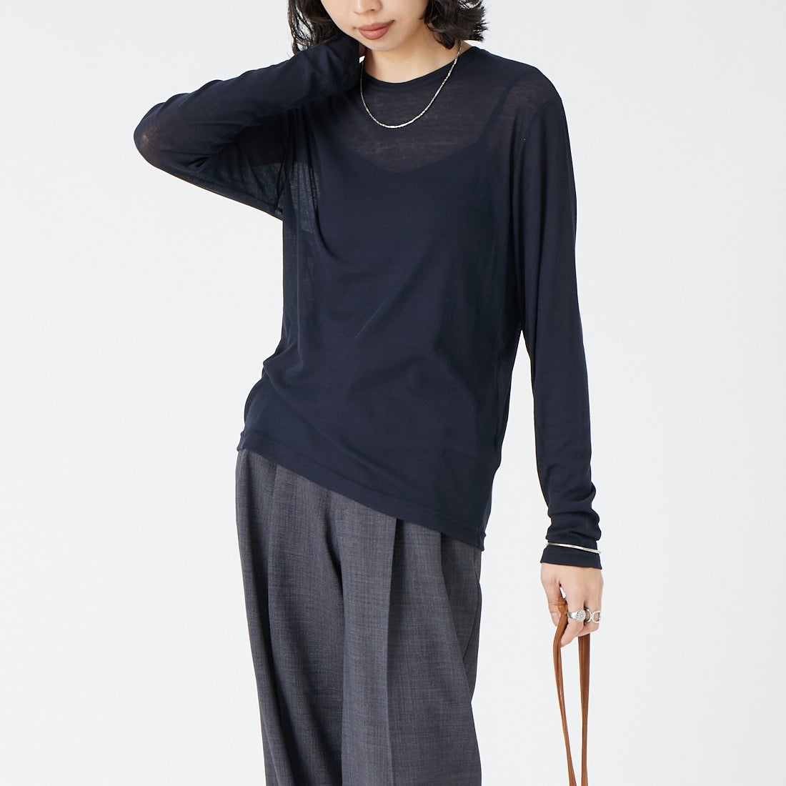 USINE [ユジーヌ] コットンシアーロングスリーブTシャツ [21267069]  076 ﾈｲﾋﾞｰ &&モデル身長：162cm 着用サイズ：F&&