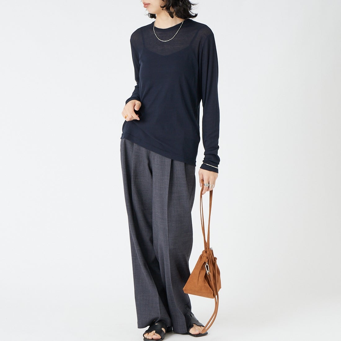 USINE [ユジーヌ] コットンシアーロングスリーブTシャツ [21267069]  076 ﾈｲﾋﾞｰ &&モデル身長：162cm 着用サイズ：F&&