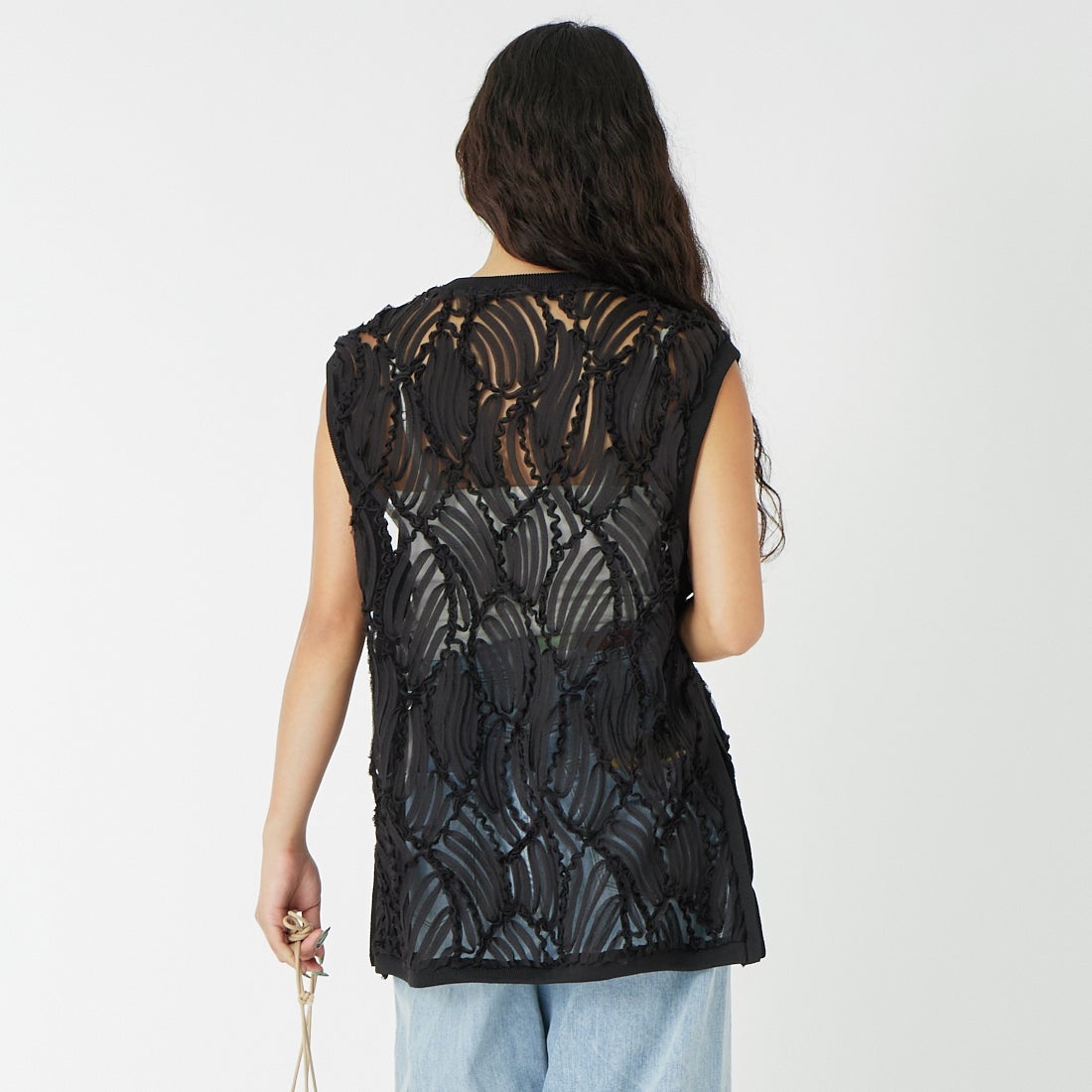 CLOCHE [クロシェ] コードレースシアーベスト [61285564] ﾌﾞﾗｯｸ &&モデル身長：162cm 着用サイズ：2&&