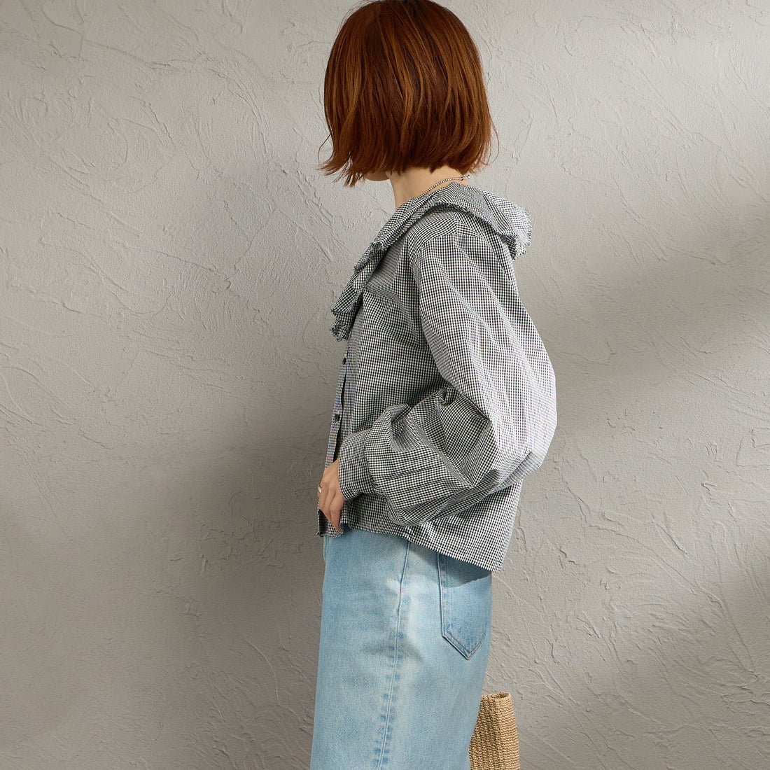 mizuiro ind [ミズイロインド] チェックフリルギャザーカラーシャツ [1-230152] 99 BLACK &&モデル身長：158cm 着用サイズ：F&&