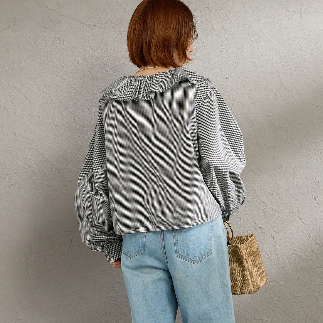 mizuiro ind [ミズイロインド] チェックフリルギャザーカラーシャツ [1-230152] 99 BLACK &&モデル身長：158cm 着用サイズ：F&&