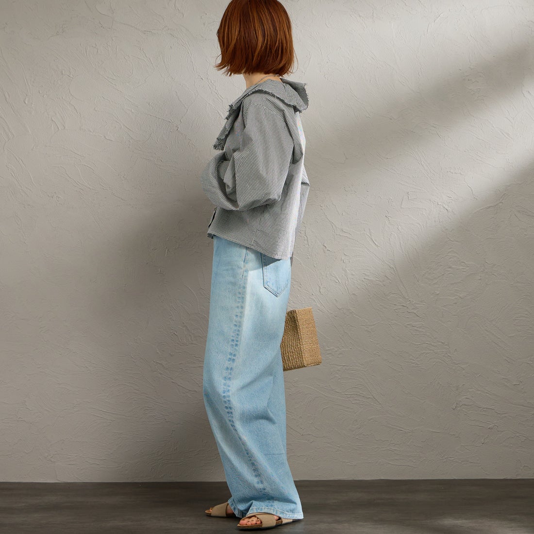 mizuiro ind [ミズイロインド] チェックフリルギャザーカラーシャツ [1-230152] 99 BLACK &&モデル身長：158cm 着用サイズ：F&&