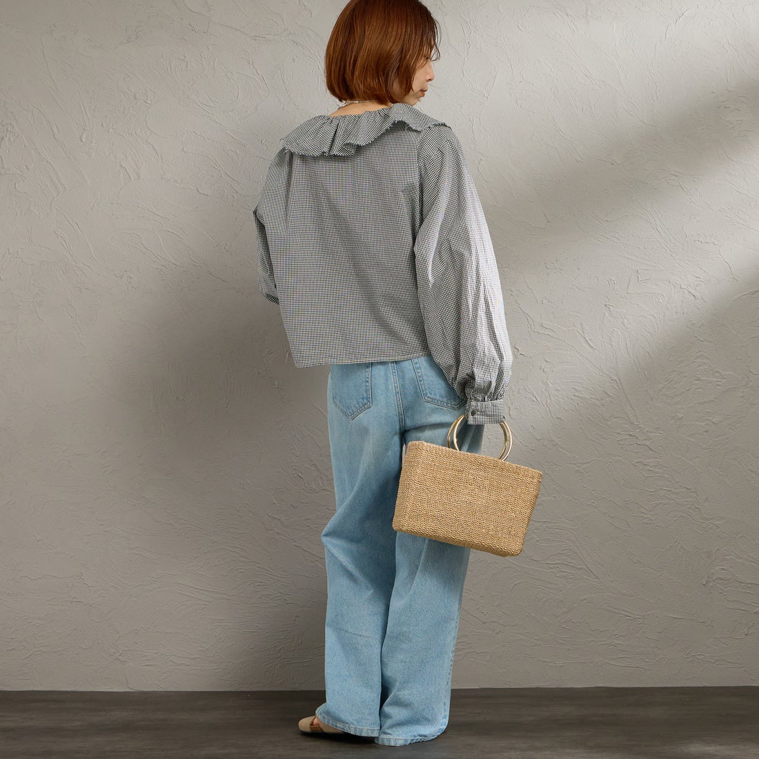 mizuiro ind [ミズイロインド] チェックフリルギャザーカラーシャツ [1-230152] 99 BLACK &&モデル身長：158cm 着用サイズ：F&&