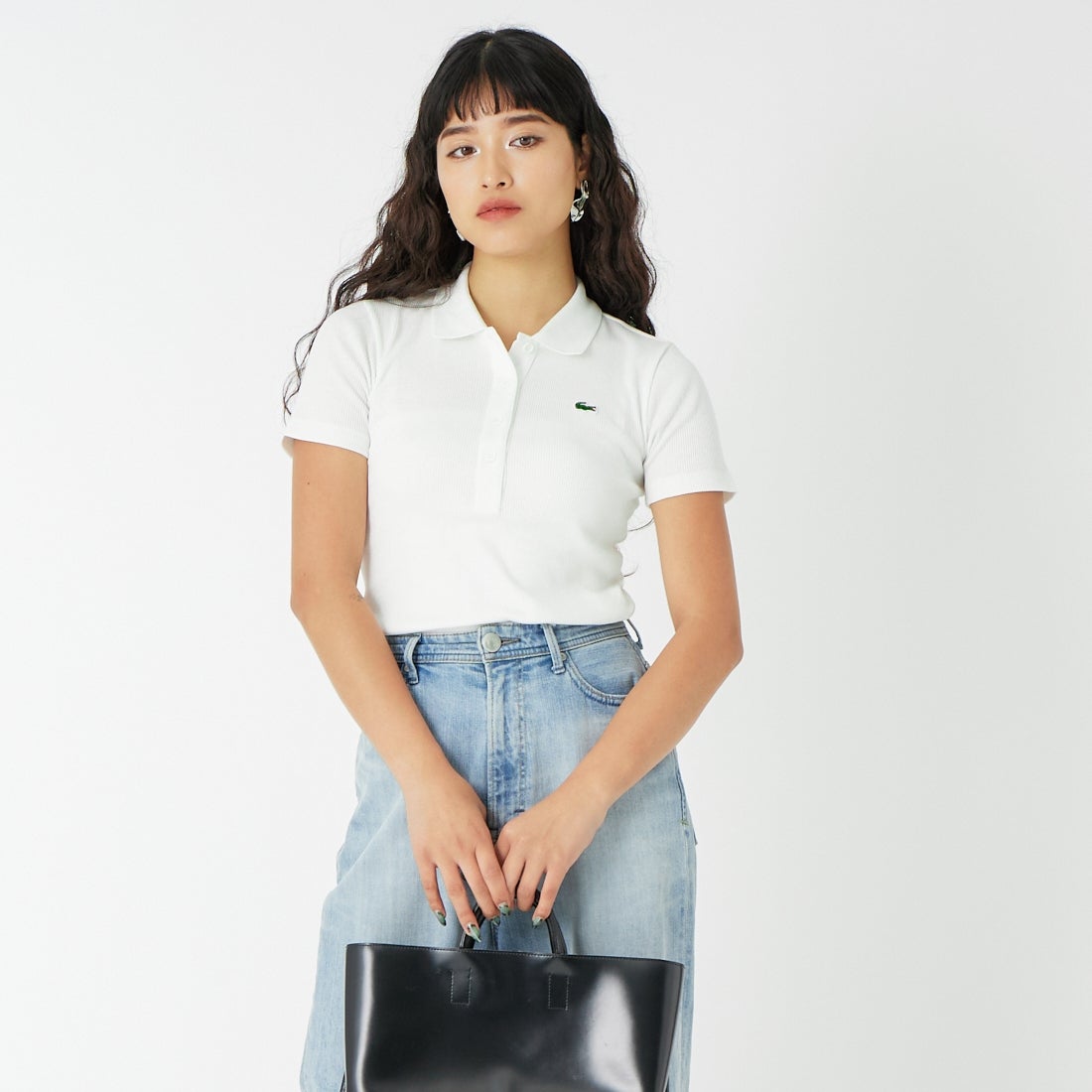 LACOSTE [ラコステ] タイトフィットリブニットポロシャツ [DF5377] 70V FLOUR &&モデル身長：162cm 着用サイズ：36&&