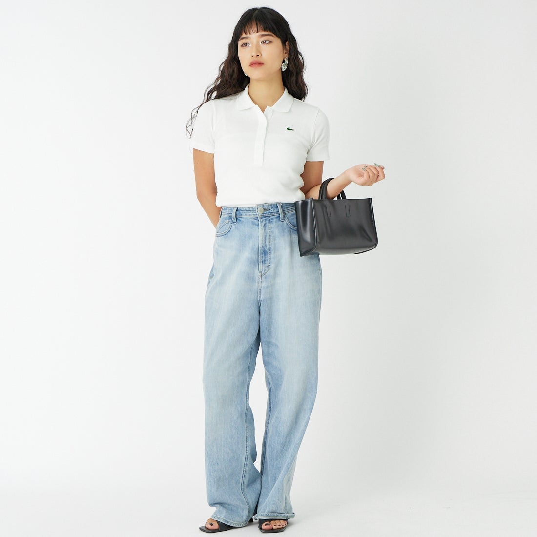 LACOSTE [ラコステ] タイトフィットリブニットポロシャツ [DF5377] 70V FLOUR &&モデル身長：162cm 着用サイズ：36&&